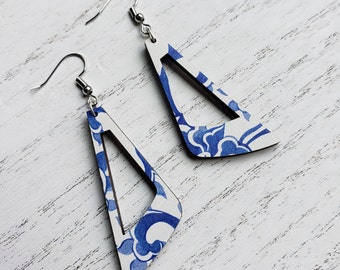 Blue China Patterned Wood Dangle Earrings | Statement | Modern | Boho | Summer | Blue and White