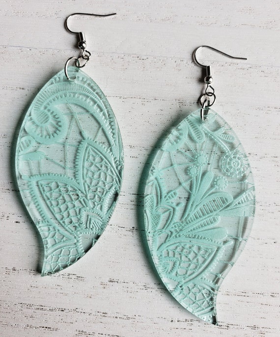 Summer Boho Statement Modern Green Sea Glass Lace Pattern Acrylic Earrings