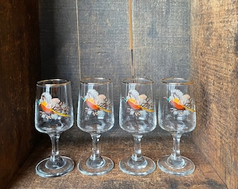 Set of 4 // Vintage Gold Rimmed Pheasant Printed 3 oz Aperitif Digestif Cocktail Glasses