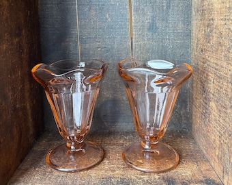 Set of 2 // Vintage Kig Indonesia Pink Glass Footed Tulip Style Parfait/Dessert Glasses