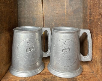 A Pair of Vintage Pewter Carson Freeport Beer Stein/Mugs with Engraved Lady Bowlers // Tankard