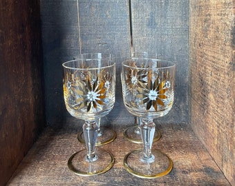 RARE // Set of 4 // Vintage Gold Floral Drinking Glasses/Goblets // Midcentury Modern