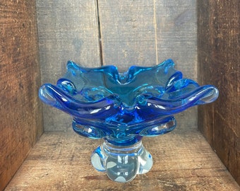 Vintage Blue Chalet Glass Murano Style Flower Ashtray // Mid Century Modern // RARE