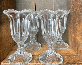 Set of 4 // Vintage Italy "Fidenza" Ruffle/Tulip Clear Glass Footed Dessert Dishes