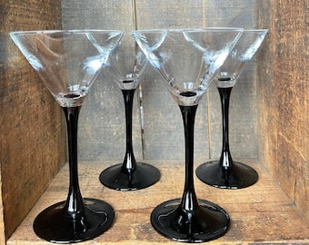 Set of 4 // Vintage Luminarc Martini Glasses With Black Stem // Made In France // MCM Retro