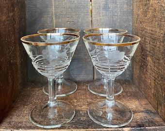 RARE // Set of 4 // Vintage Gold Rimmed Floral Drinking Glasses/Goblets // Midcentury Modern