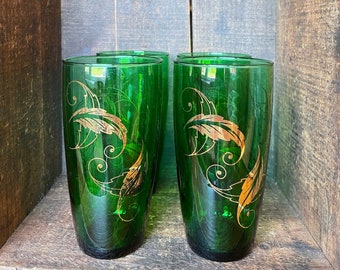 Set of Four // Vintage Green Tumbler Glasses with Metallic Gold Leaf Detail // Anchor Hocking Glass // Mid Century Modern Barware