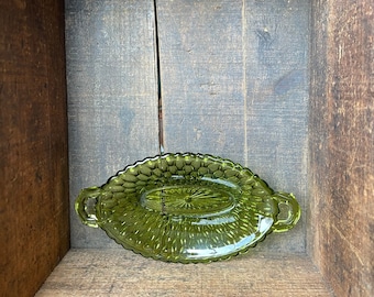 Ovale groene snoepschaal/catchall // vintage olijfgroen doorschijnend glas