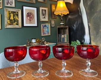 Set of 4 Vintage Ruby Red Bowl Wine Glasses | Vintage Stemware Glassware | Red Glass Goblets | Barware Cocktail Glasses