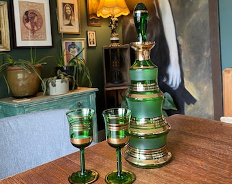Gorgeous Emerald Green and Gold Mid-Century Decanter with Stopper and Two Matching Stem Glasses