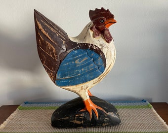 Vintage Carved Handpainted Wooden Rooster Sculpture