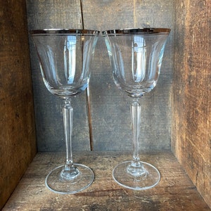 Set of Two Vintage Tall Crystal Wine Stems With Double Silver Rings // Wedding Gift