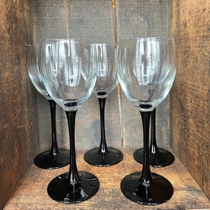 Set of 5 // Vintage Luminarc Wine Glasses With Black Stem // Made In France // MCM Retro