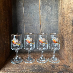 Set of 4 // Vintage Gold Rimmed Pheasant Printed 3 oz Aperitif Digestif Cocktail Glasses
