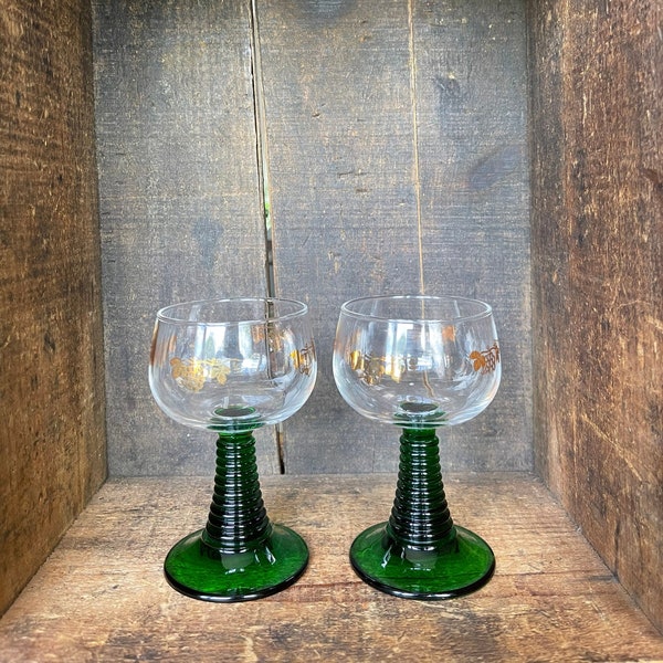 Set of 2 // Vintage Luminarc France Crystal D'Arques with Grape Motif // Green Beehive Roemer Cordial Wine Glasses