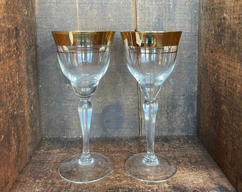 2 Gold Rim Wine Glasses Mid Century Modern Hollywood Regency Cocktail Glasses // Retro Party Stemware