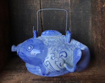 Vintage Ceramic Koi Fish Teapot // Blue White Koi Fish Teapot // RARE
