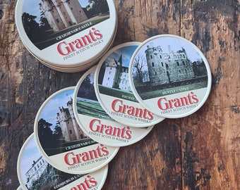 Grant's Scotch Whisky onderzetters met kurk terug in tinnen doosje