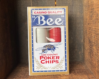 Vintage Bee Casino Grade 100 Count Engraved Professional Poker Chips - Ivory, Blue, Red