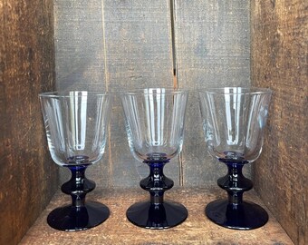 Set of 3 // Vintage Wine Glasses With Cobalt Blue Stems // MCM Retro