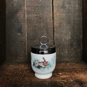 Vintage Royal Worcester Vogels Patroon Bot China Double Egg Coddler / / Een Wren &Finch, Metalen Screw-on Deksel met Ring Top