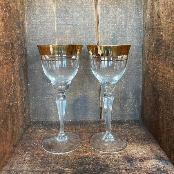 2 Gold Rim Wine Glasses Mid Century Modern Hollywood Regency Cocktail Glasses // Retro Party Stemware