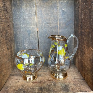 Vintage Hand Painted Glass Sugar Bowl and Creamer with Gold Detailing