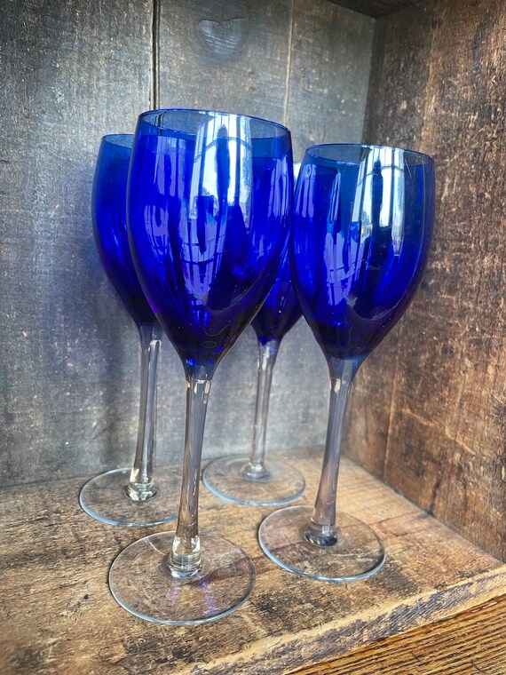 コバルトブルー カットガラス ワイングラス 4個セット コバルトブルー カットガラス ワイングラス 4個セット コバルトブルー