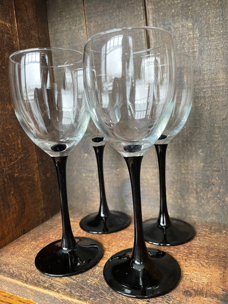 Set of 4 // Vintage Luminarc Wine Glasses With Black Stem // Etsy