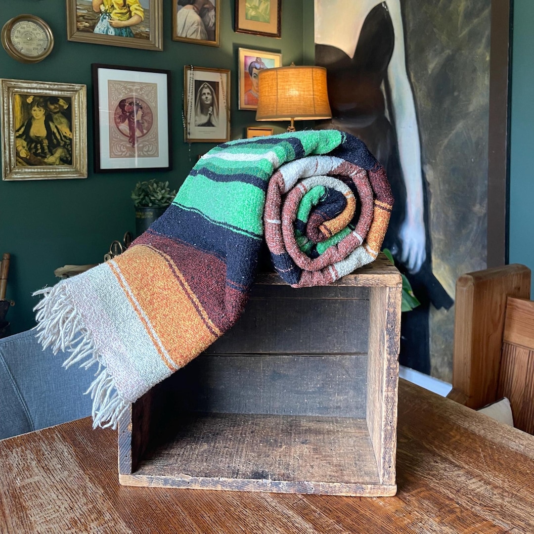 RARE // Vintage Mexican Serape Blanket // Green and Orange Tones