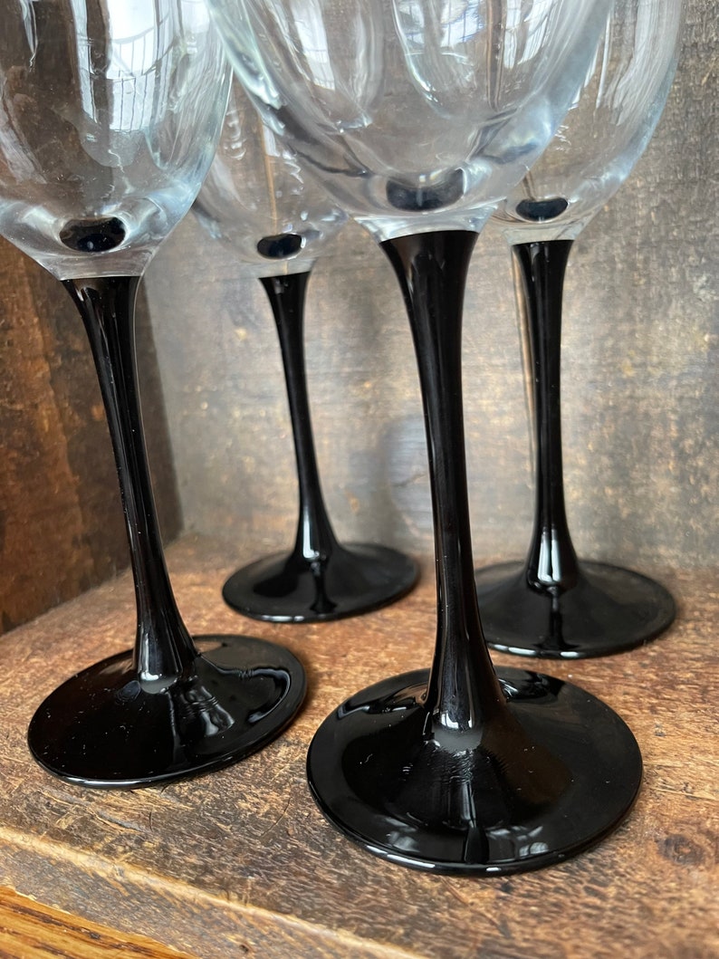 Set of 4 // Vintage Luminarc Wine Glasses With Black Stem // Etsy