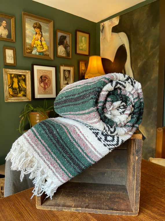 Vintage Mexican Serape Blanket Green and Speckled Taupe Etsy