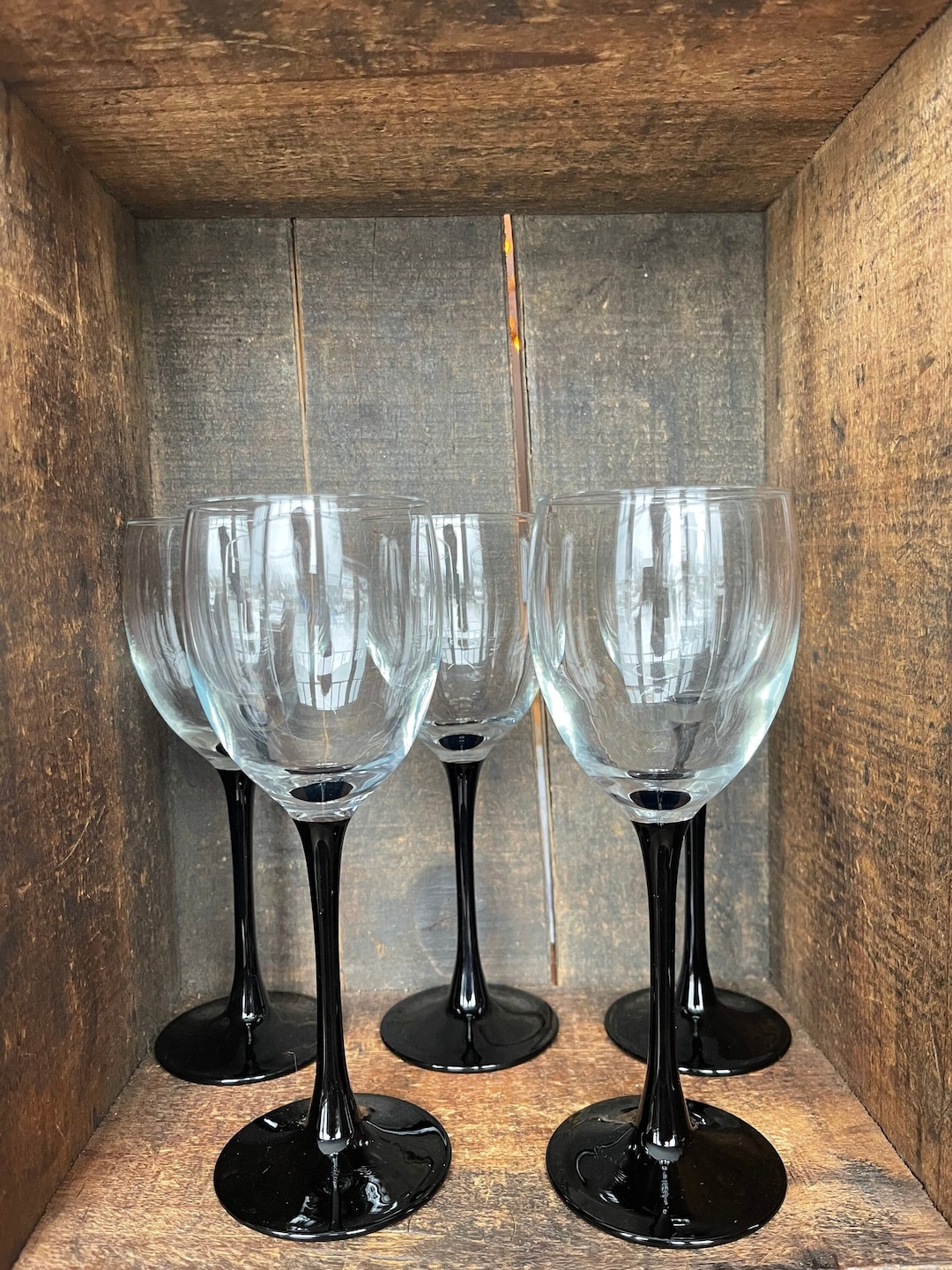 Set of 5 // Vintage Luminarc Wine Glasses With Black Stem // Made in
