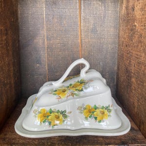 Antique Ceramic Lidded Cheese Dish with a Handle // Made in England