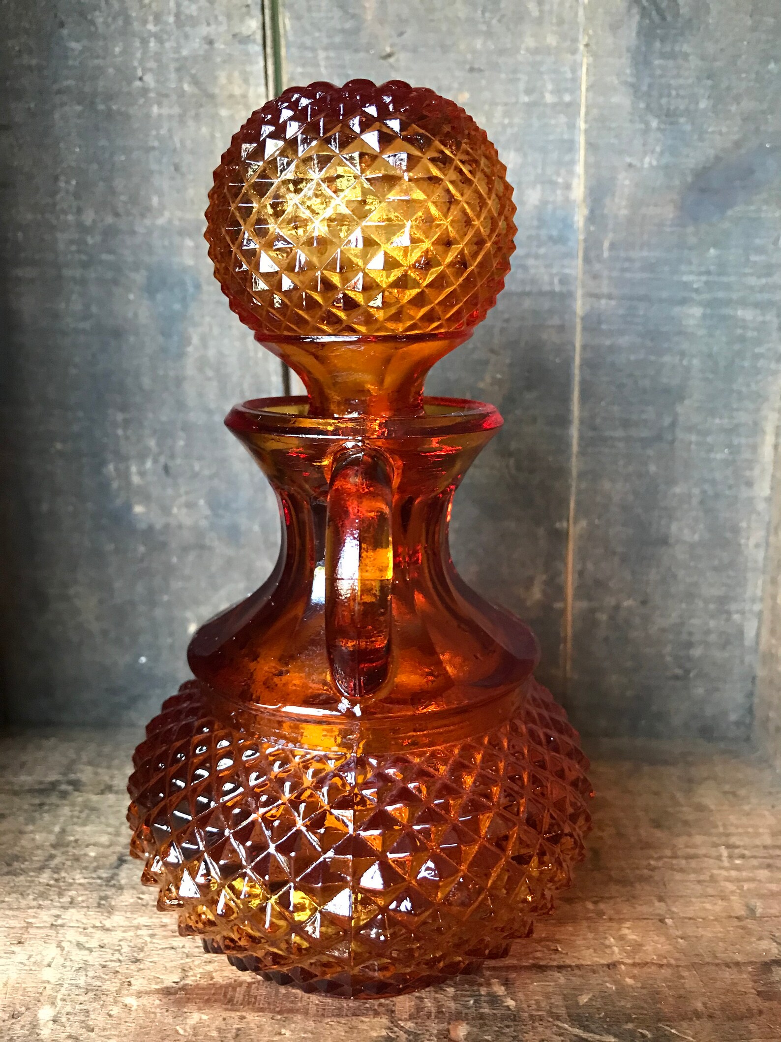 RARE // Vintage Amber Pressed Glass Diamond Point Decanter | Etsy