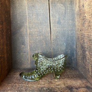 Vintage Fenton Olive Green Glass Shoe with Cat Head and Hobnail Pattern