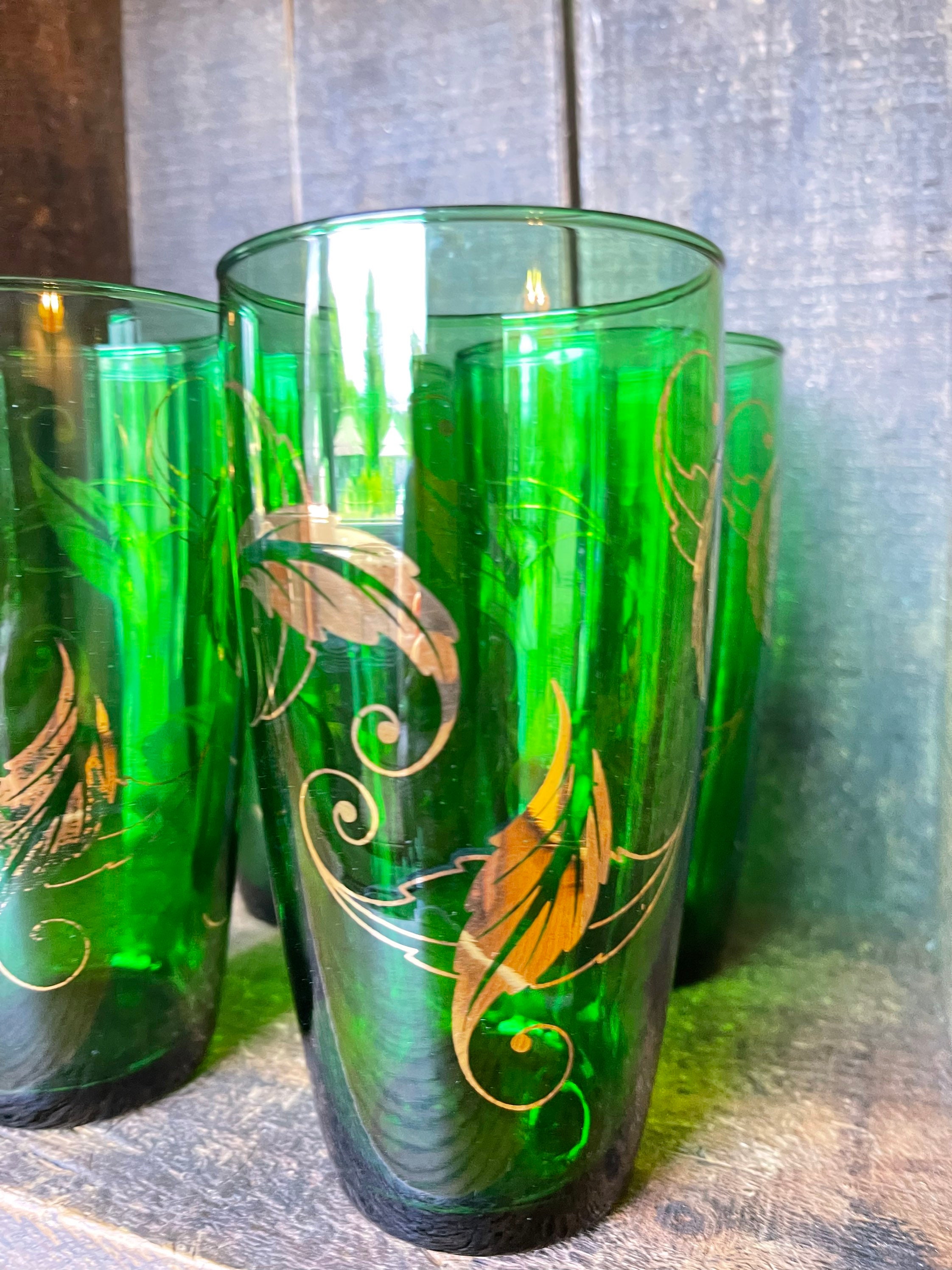 Set of Four // Vintage Green Tumbler Glasses With Metallic Etsy