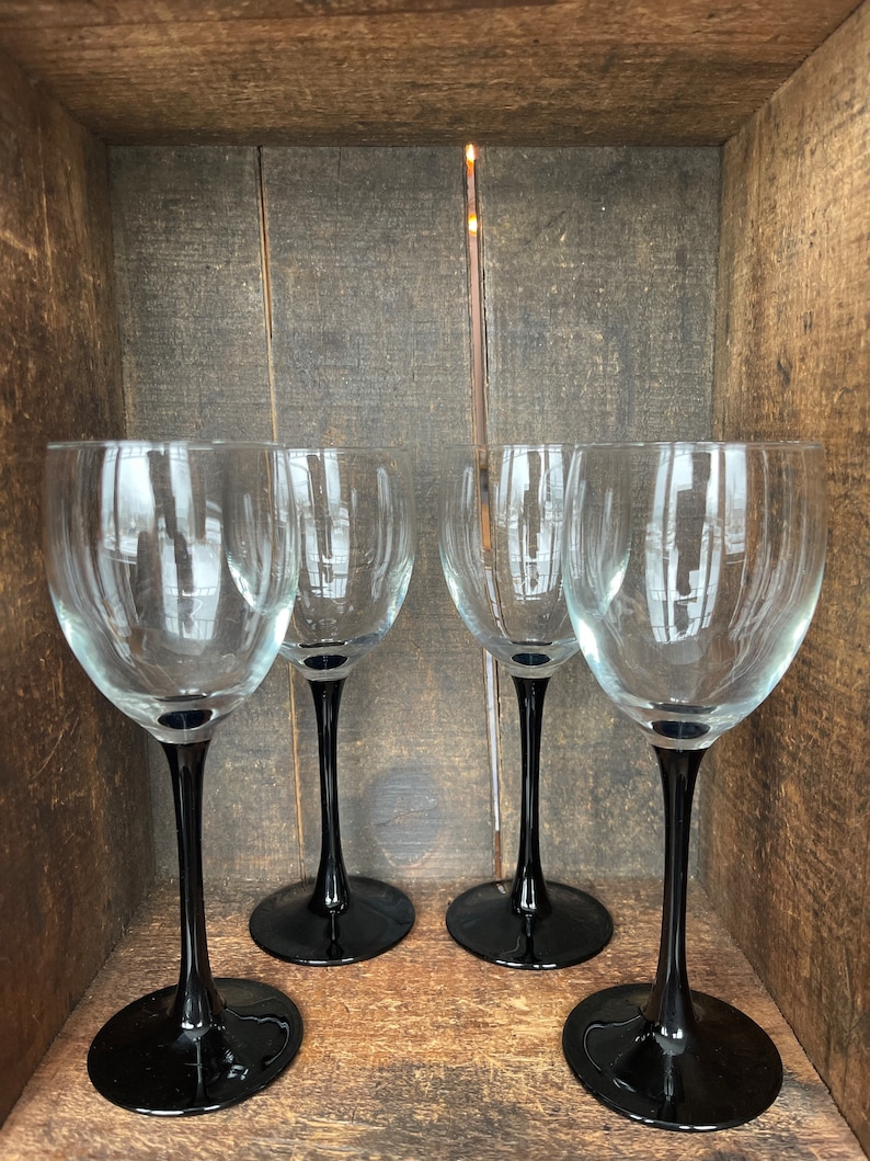 Set of 4 // Vintage Luminarc Wine Glasses With Black Stem // Etsy