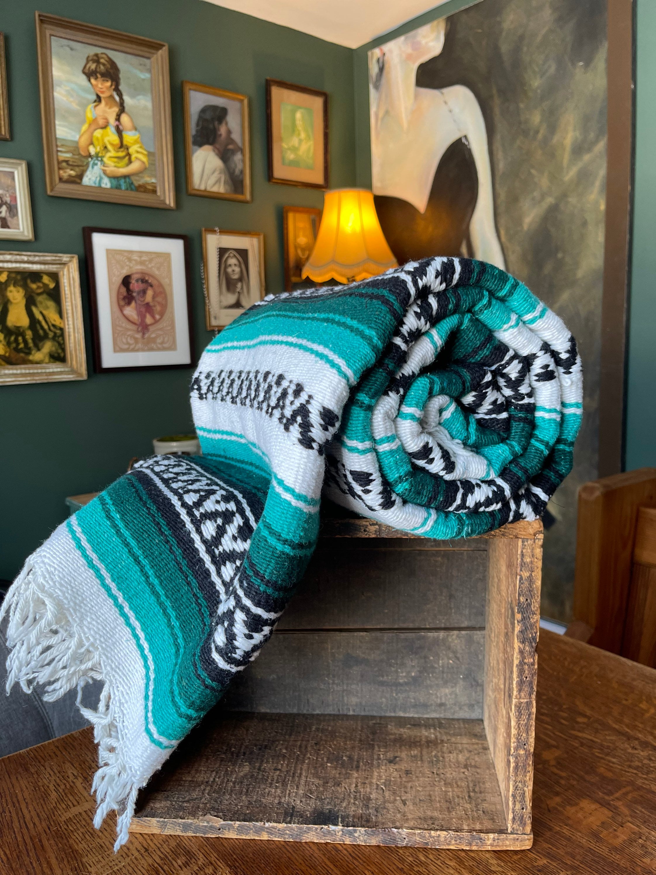 Vintage Mexican Serape Blanket Turquoise Etsy