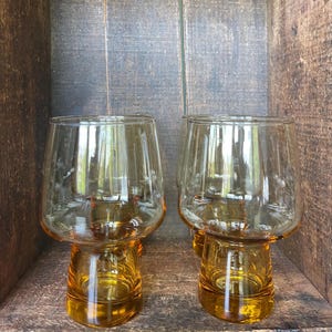 Set of 4 // Mid-Century Vintage Libbey Amber Accent Steiner // Mushroom Shaped Cups - Set of Hollow Stem Glasses