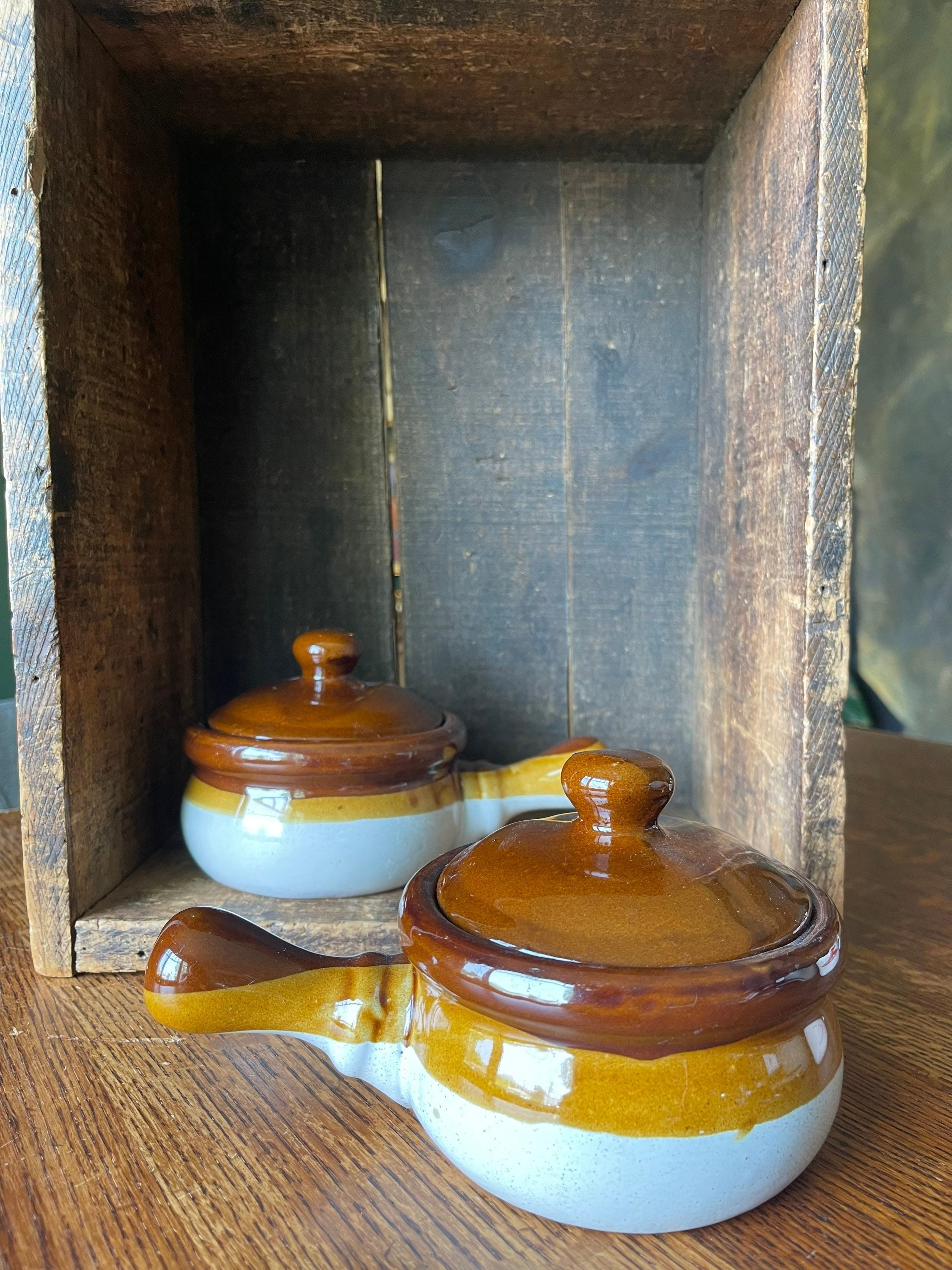 Set of 2 Vintage Brown Drip Glaze French Onion Soup Stoneware Bowl