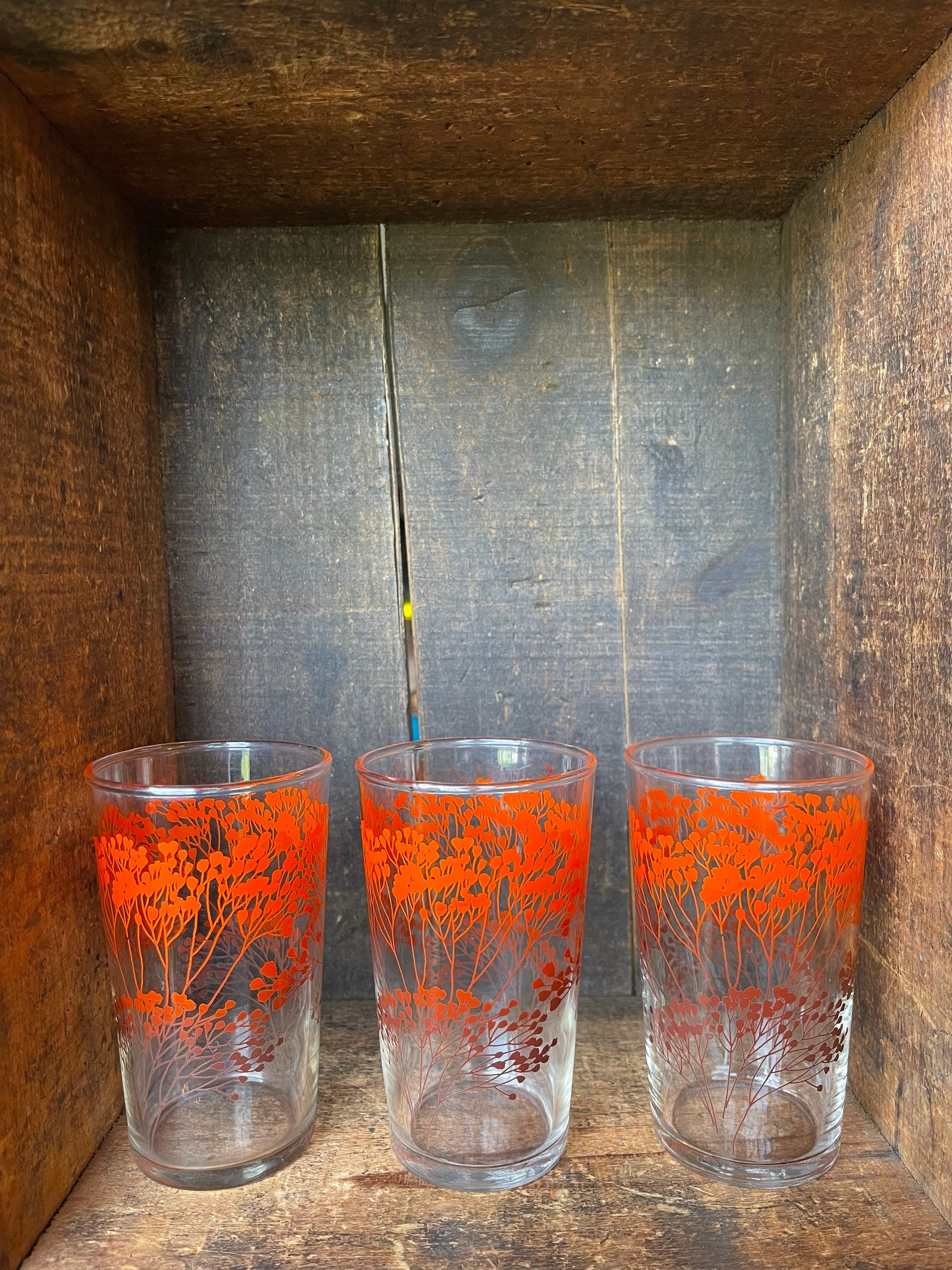 Vintage Orange Flowers Green Stems Tall Ice Tea Tom Collins Glasses Set Of  2