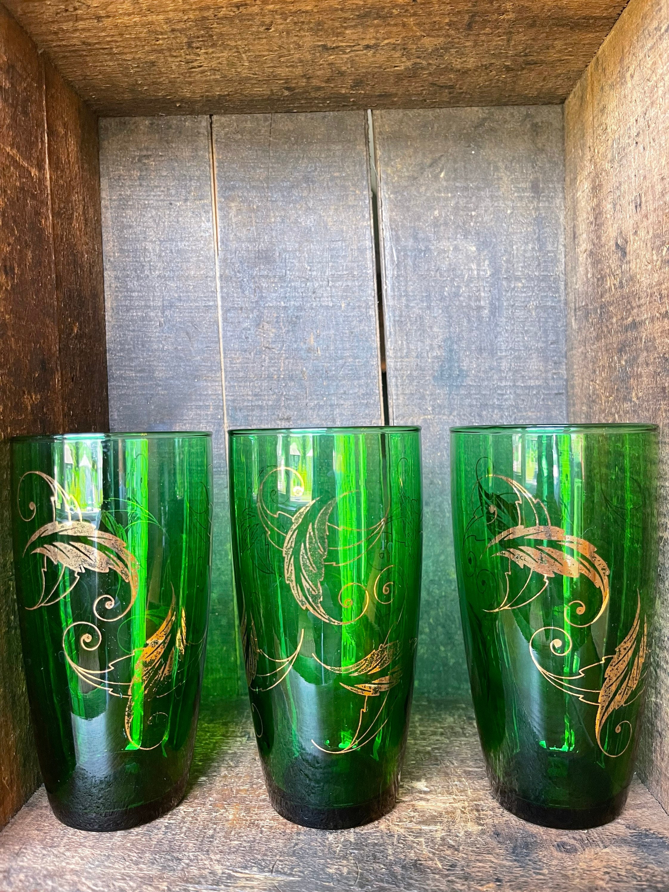 Set of Four // Vintage Green Tumbler Glasses With Metallic Etsy