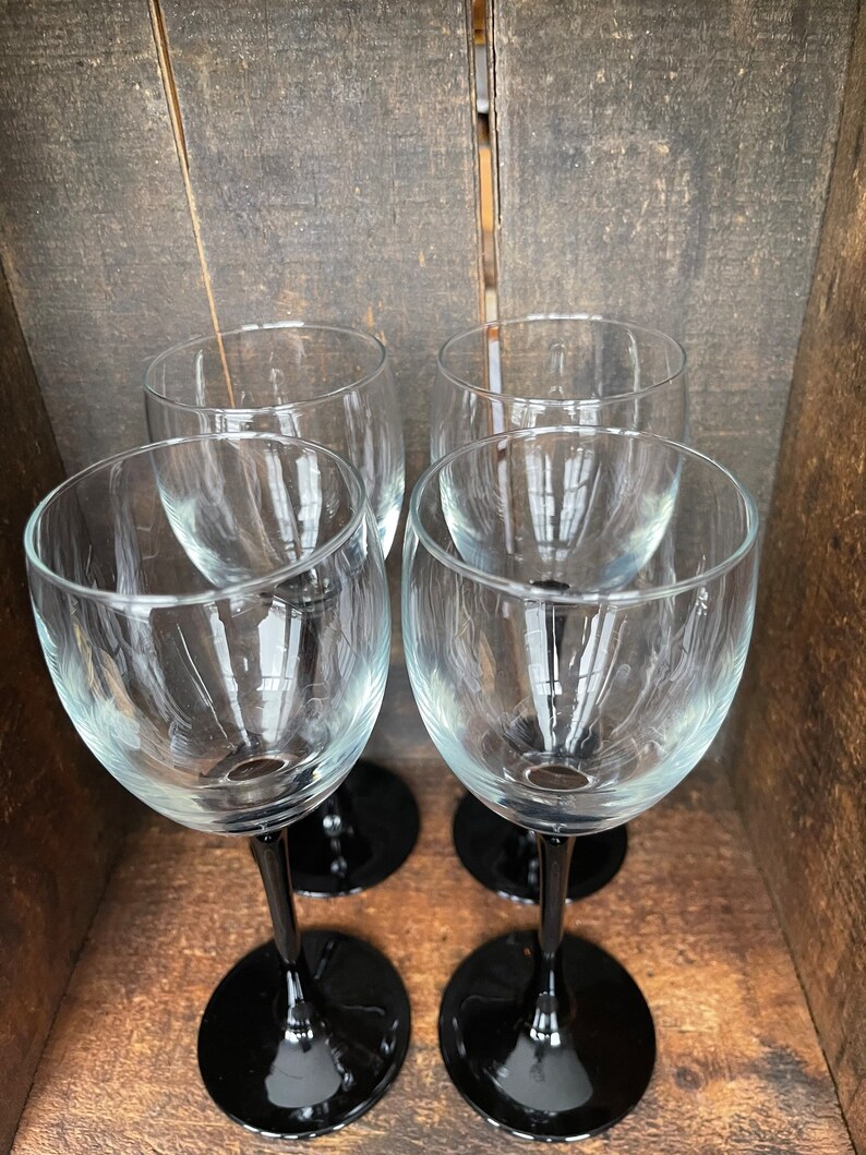 Set of 4 // Vintage Luminarc Wine Glasses With Black Stem // Etsy