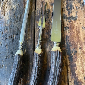 John McClory & Sons Sheffield SCOTIA Knife Set // Antler Handle Sharpener/Fork // Sheffield England