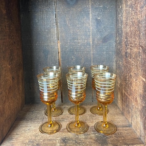 Set van 6 // drank-/borrelglaasjes met vintage steel // Amberglas met gouden details
