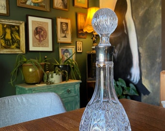 Vintage Heavy Glass Decanter with Round Glass Stopper and Silver Rim // Mid Century Modern