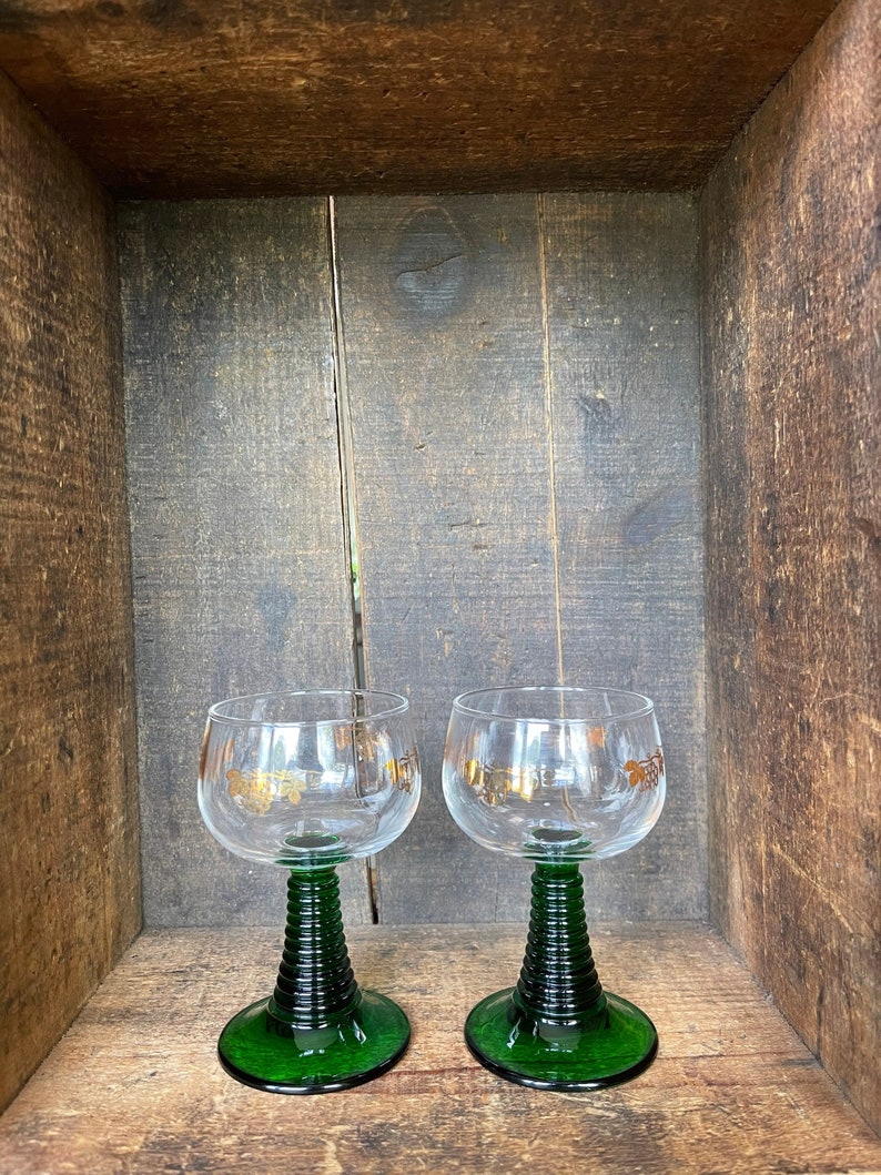 Set of 2 // Vintage Luminarc France Crystal D'Arques with Grape Motif // Green Beehive Roemer Cordial Wine Glasses image 1