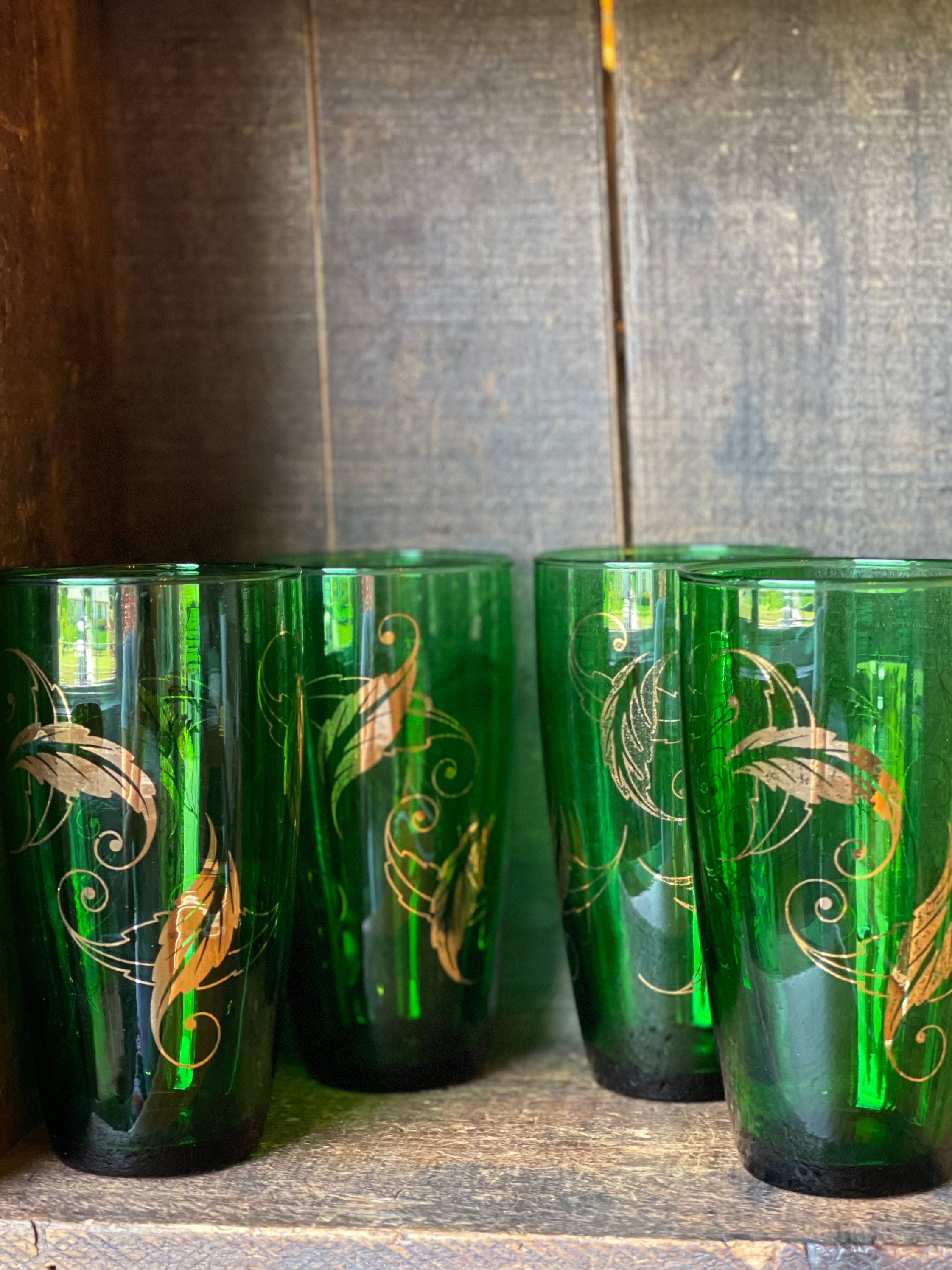 Set of Four // Vintage Green Tumbler Glasses With Metallic Etsy