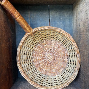 Vintage Round Wicker Basket with Pan Handle -Small Woven Basket Wall Display